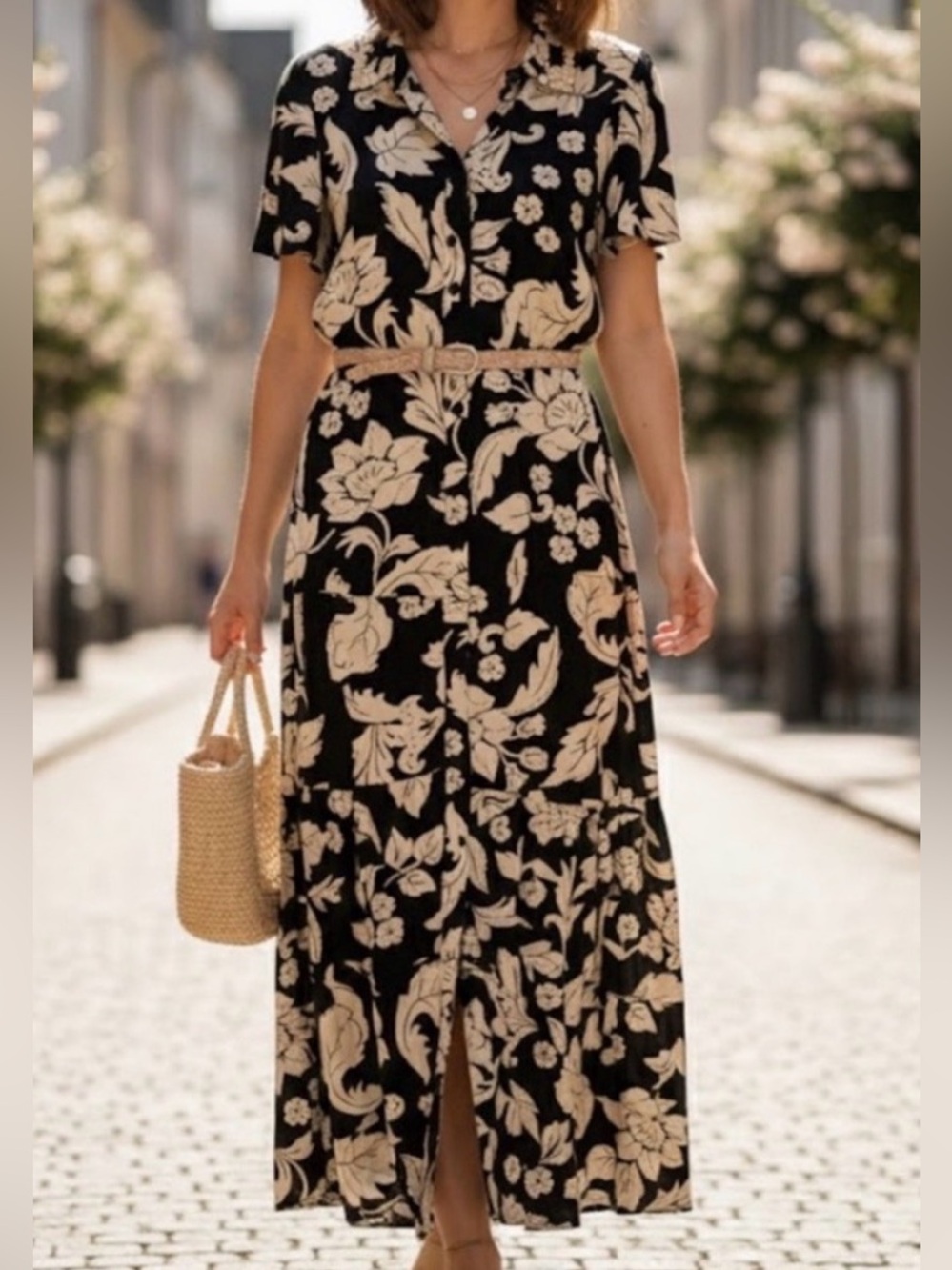 NWT/White Closet Elements TropicFloralPrint Black&Cream Maxi Dress/SzMedium